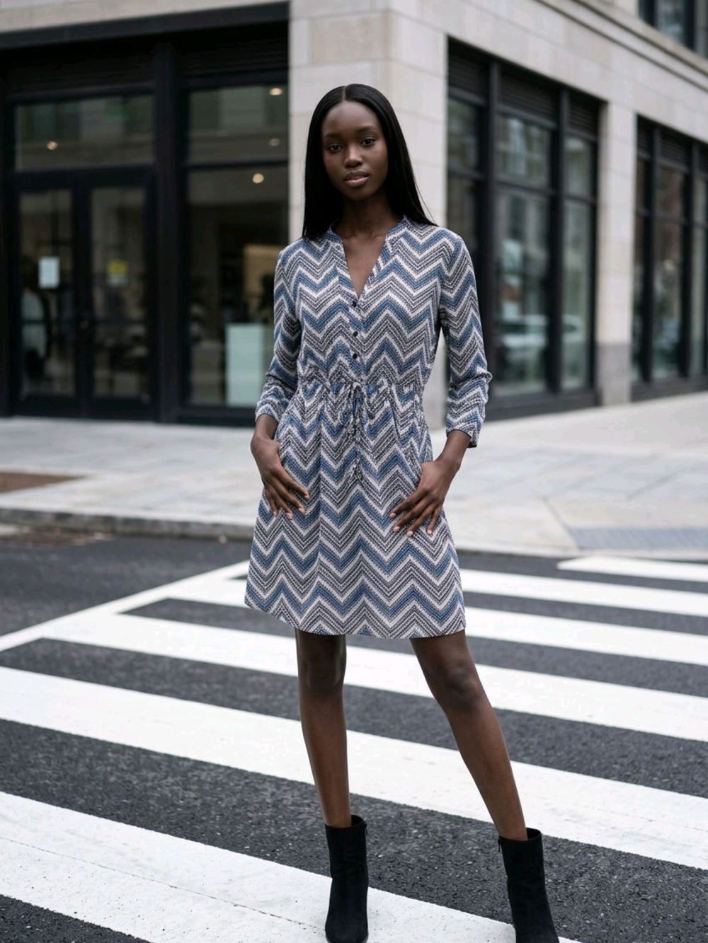Robert Louis Chevron Shirt Dress in Blue and White